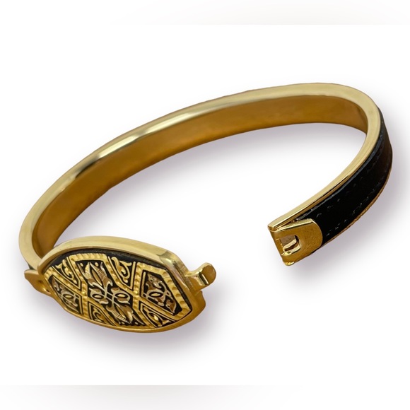 🛍️SALE🛍️ Anframa® Damascene Gold & Leather Geometric Design Skinny Bangle - Picture 4 of 10